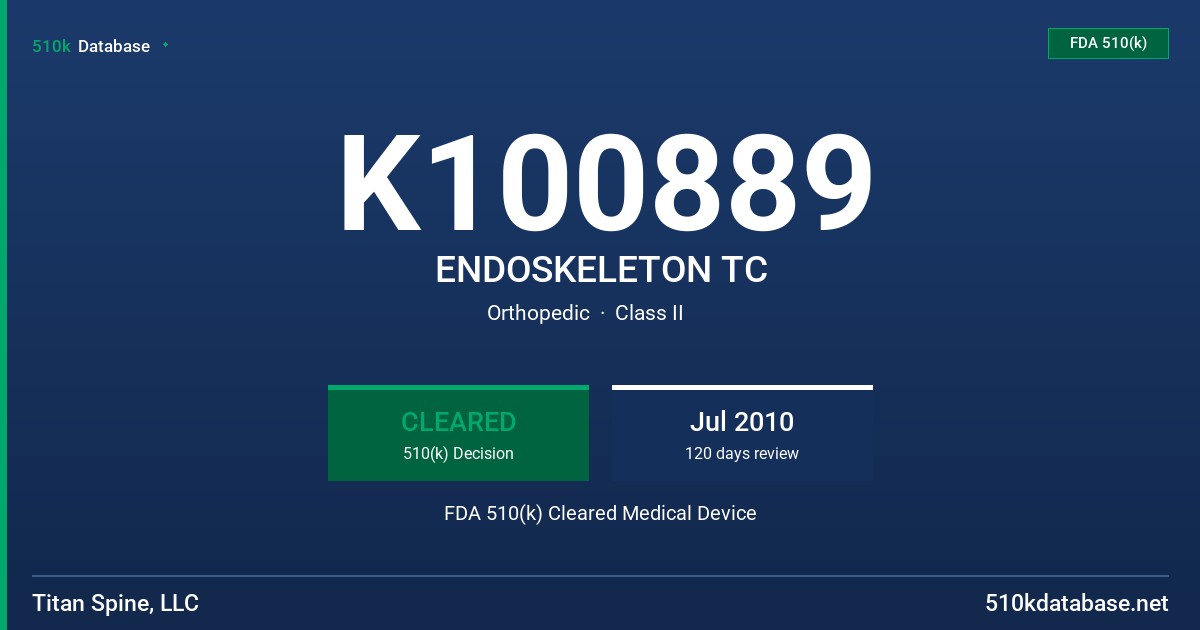 K100889 ENDOSKELETON TC FDA 510(k) Cleared Medical Device