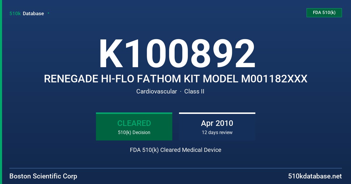 K100892 RENEGADE HI-FLO FATHOM KIT MODEL M001182XXX FDA 510(k) Cleared Medical Device
