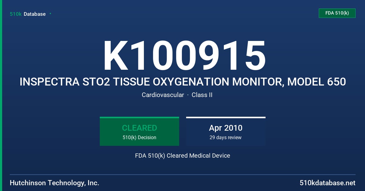 K100915 INSPECTRA STO2 TISSUE OXYGENATION MONITOR, MODEL 650 FDA 510(k) Cleared Medical Device