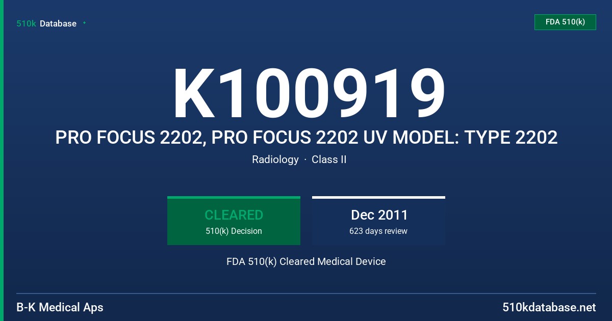 K100919 PRO FOCUS 2202, PRO FOCUS 2202 UV MODEL: TYPE 2202 FDA 510(k) Cleared Medical Device