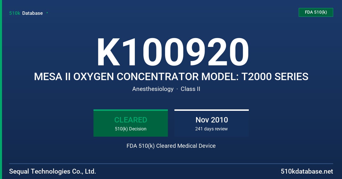 K100920 MESA II OXYGEN CONCENTRATOR MODEL: T2000 SERIES FDA 510(k) Cleared Medical Device