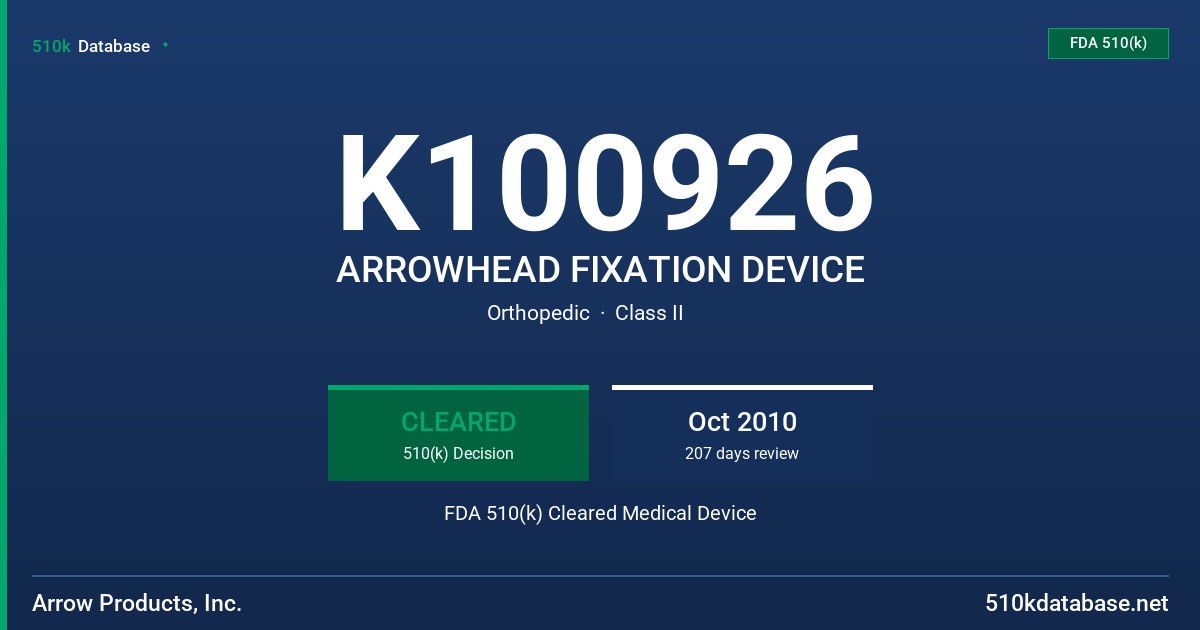 K100926 ARROWHEAD FIXATION DEVICE FDA 510(k) Cleared Medical Device