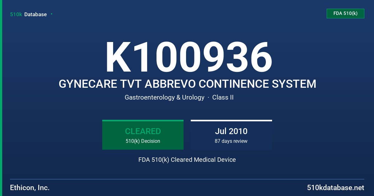 K100936 GYNECARE TVT ABBREVO CONTINENCE SYSTEM FDA 510(k) Cleared Medical Device