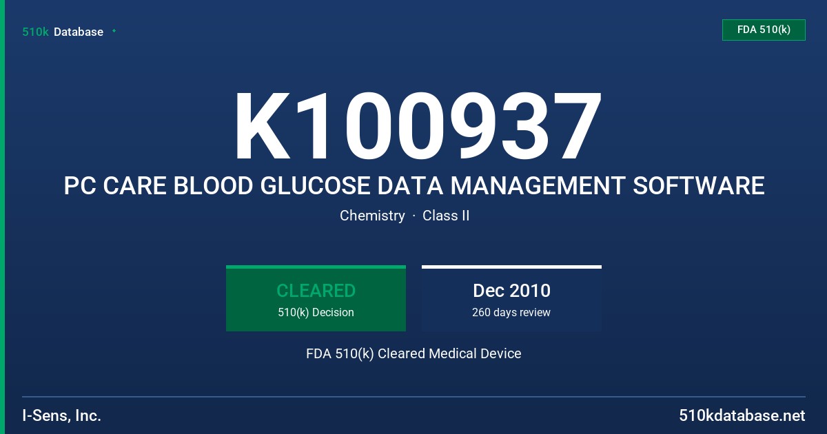K100937 PC CARE BLOOD GLUCOSE DATA MANAGEMENT SOFTWARE FDA 510(k) Cleared Medical Device