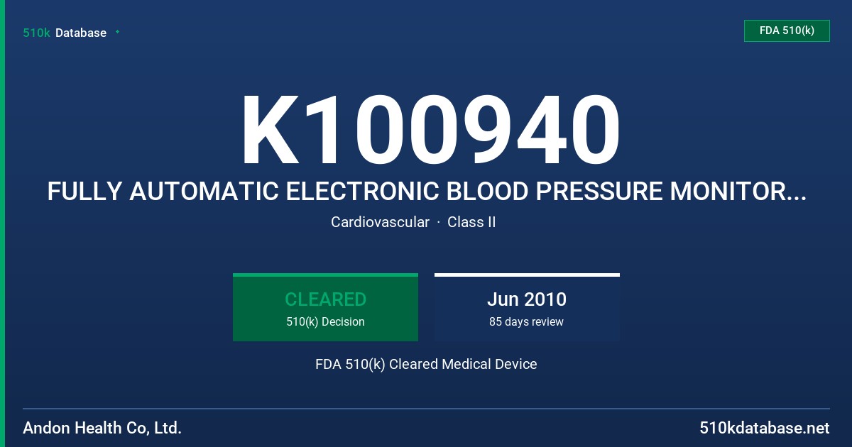 K100940 FULLY AUTOMATIC ELECTRONIC BLOOD PRESSURE MONITOR, MODEL KD-5965 FDA 510(k) Cleared Medical Device