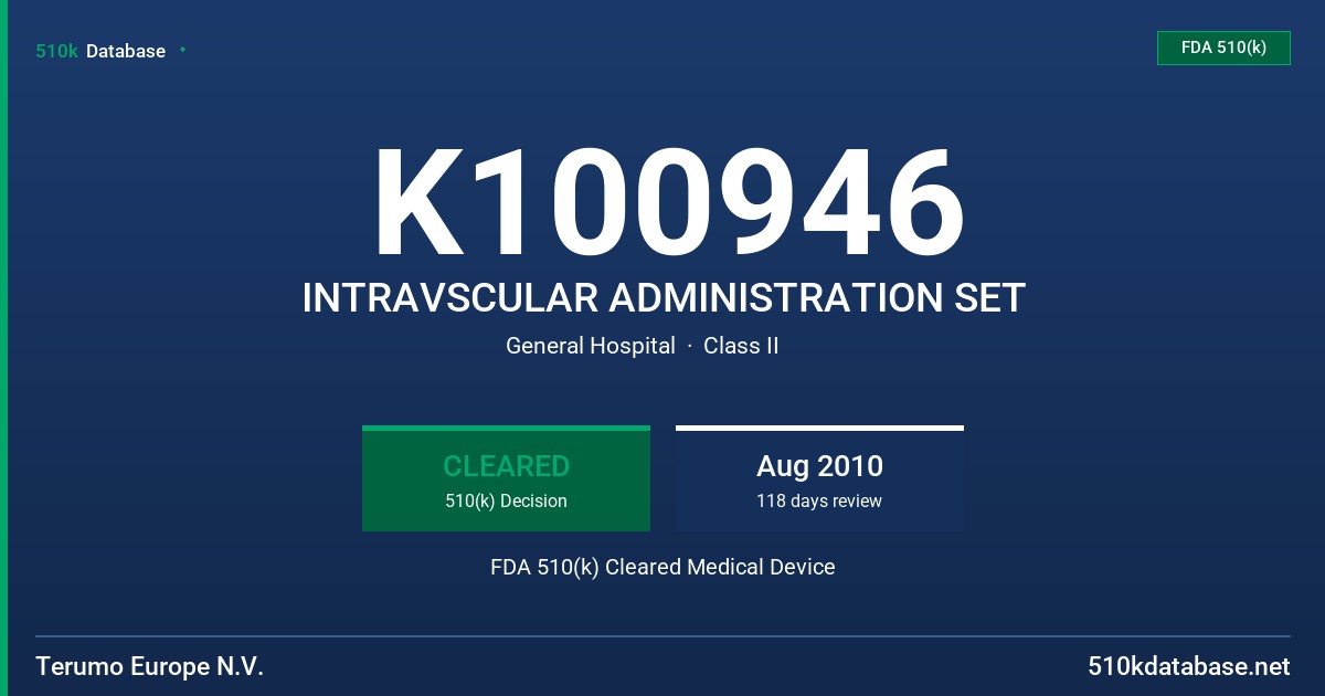 K100946 INTRAVSCULAR ADMINISTRATION SET FDA 510(k) Cleared Medical Device