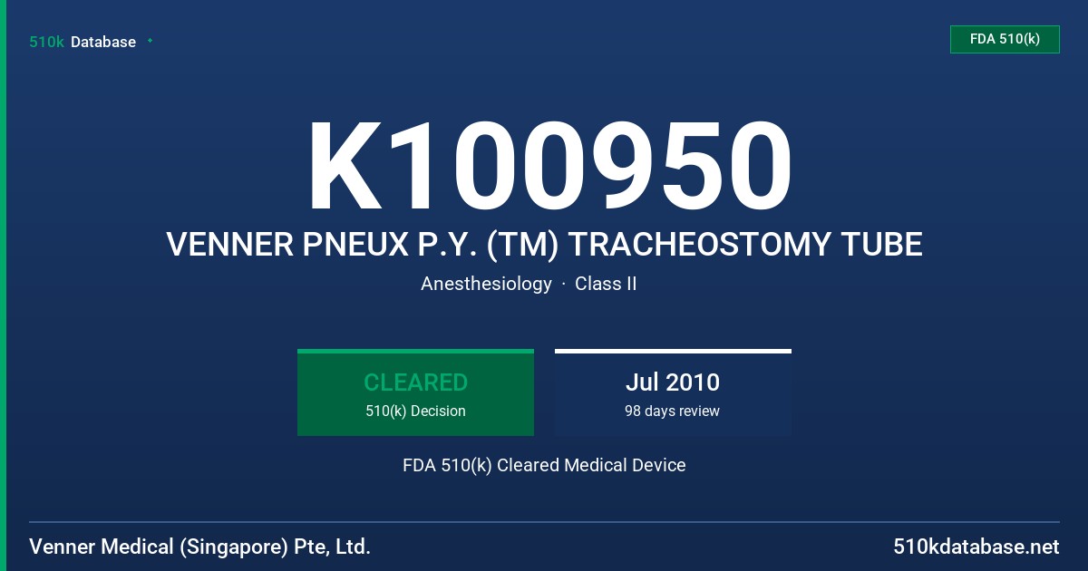 K100950 VENNER PNEUX P.Y. (TM) TRACHEOSTOMY TUBE FDA 510(k) Cleared Medical Device