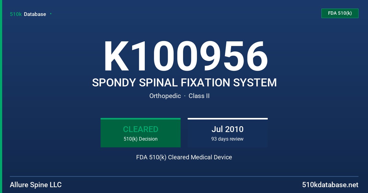 K100956 SPONDY SPINAL FIXATION SYSTEM FDA 510(k) Cleared Medical Device