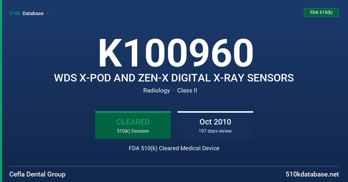 K100960 WDS X-POD AND ZEN-X DIGITAL X-RAY SENSORS FDA 510(k) Cleared Medical Device