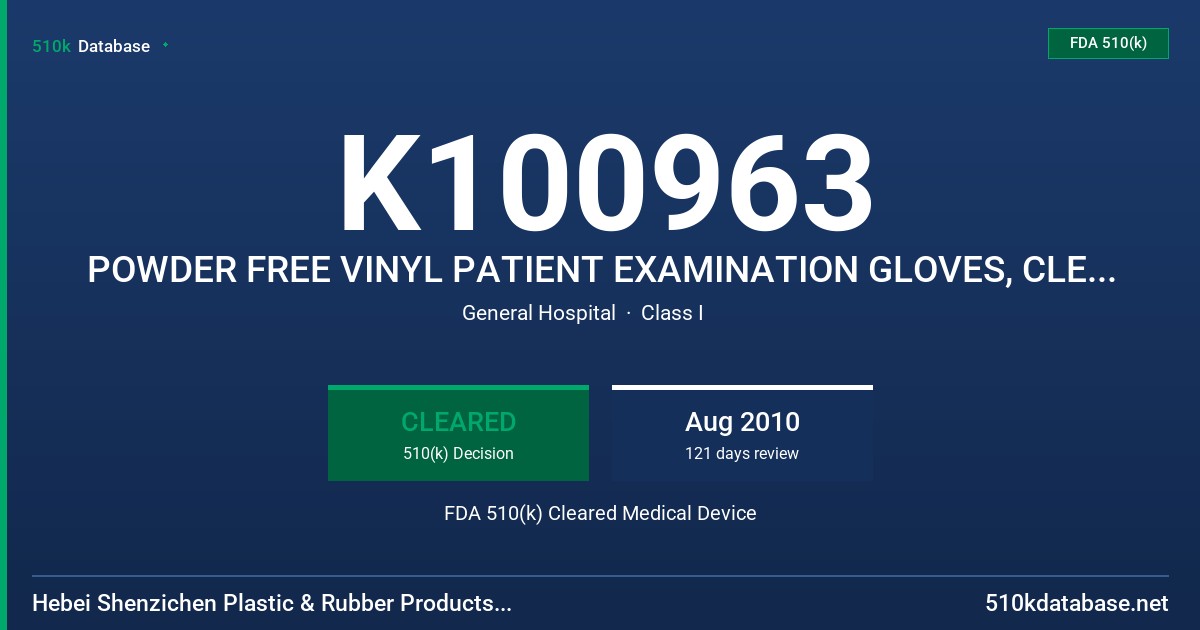 K100963 POWDER FREE VINYL PATIENT EXAMINATION GLOVES, CLEAR (NON-COLORED) FDA 510(k) Cleared Medical Device