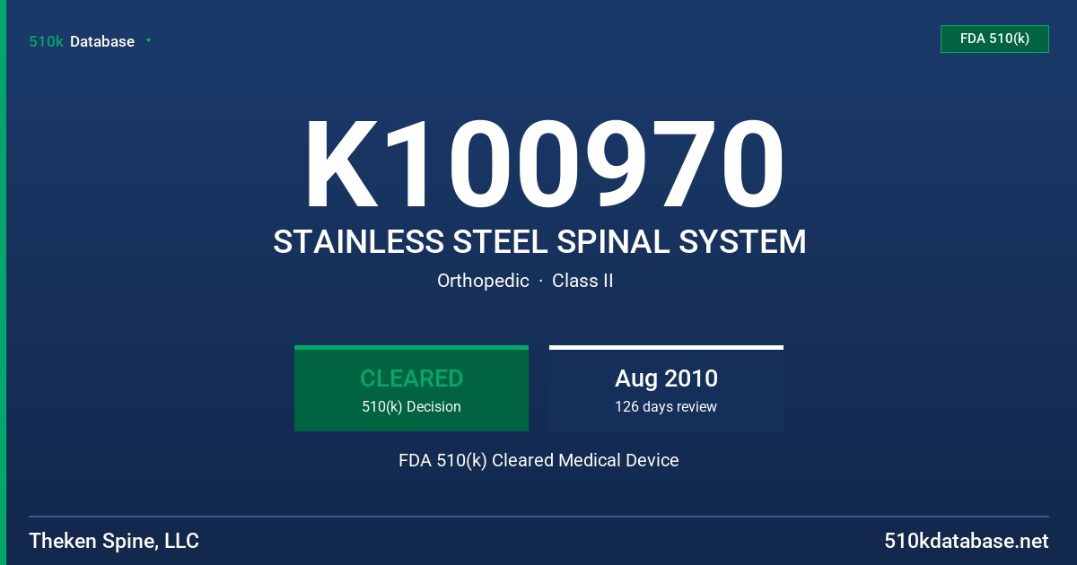 K100970 STAINLESS STEEL SPINAL SYSTEM FDA 510(k) Cleared Medical Device