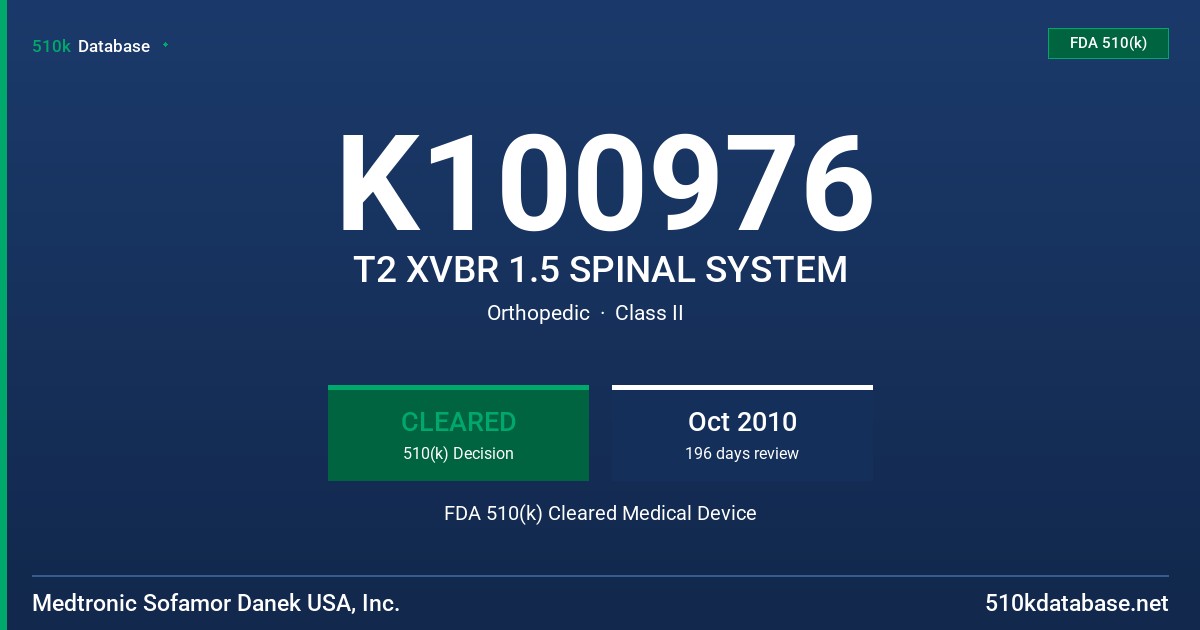 K100976 T2 XVBR 1.5 SPINAL SYSTEM FDA 510(k) Cleared Medical Device