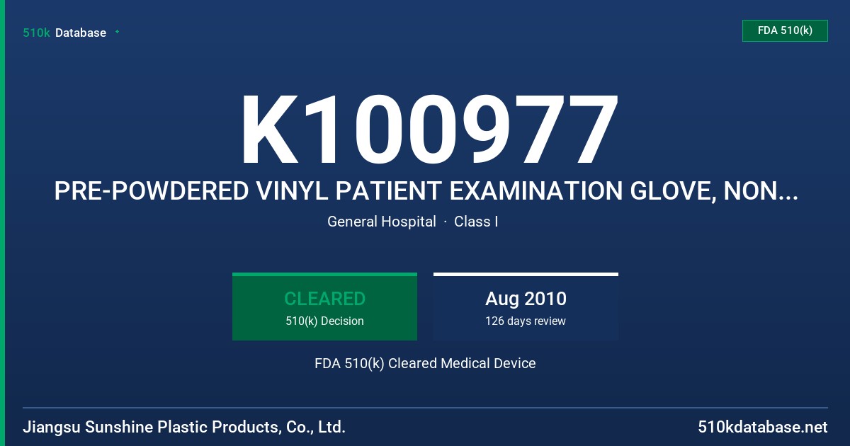 K100977 PRE-POWDERED VINYL PATIENT EXAMINATION GLOVE, NON-STERILE FDA 510(k) Cleared Medical Device