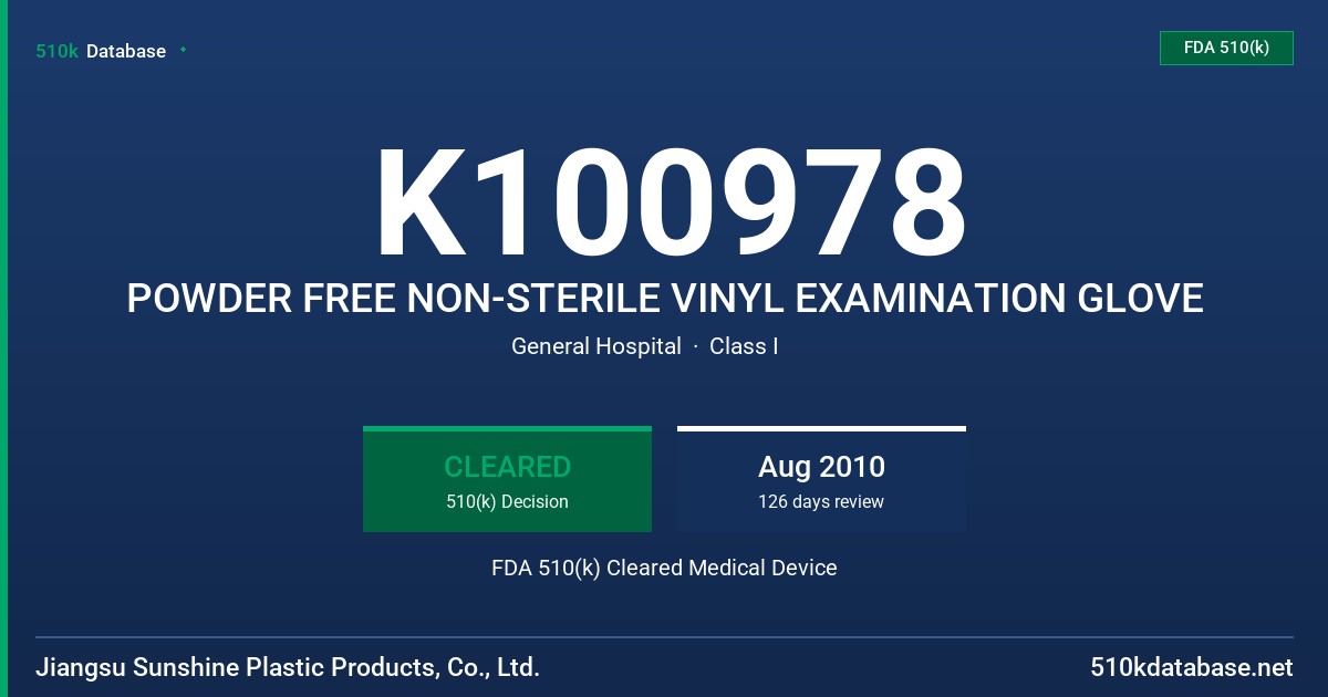 K100978 POWDER FREE NON-STERILE VINYL EXAMINATION GLOVE FDA 510(k) Cleared Medical Device