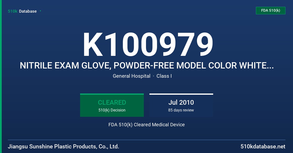 K100979 NITRILE EXAM GLOVE, POWDER-FREE MODEL COLOR WHITE, NITRILE EXAM GLOVE, POWDER-FREE MODEL COLOR BLUE FDA 510(k) Cleared Medical Device