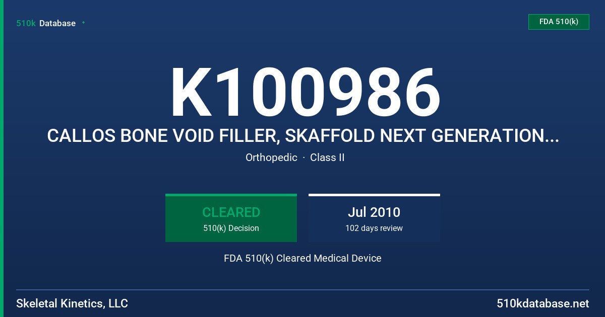 K100986 CALLOS BONE VOID FILLER, SKAFFOLD NEXT GENERATION BONE VOID FILLER, OSTEO VATION FDA 510(k) Cleared Medical Device