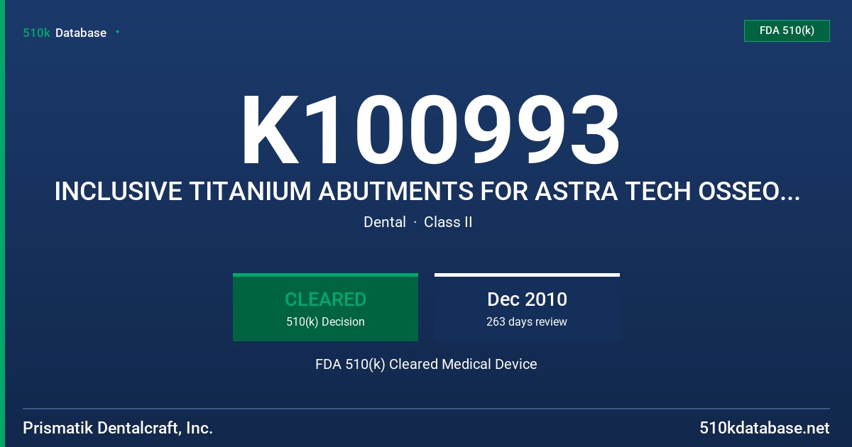 K100993 INCLUSIVE TITANIUM ABUTMENTS FOR ASTRA TECH OSSEOSPEED IMPLANTS FDA 510(k) Cleared Medical Device