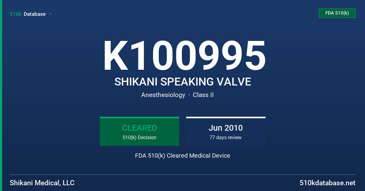 K100995 SHIKANI SPEAKING VALVE FDA 510(k) Cleared Medical Device
