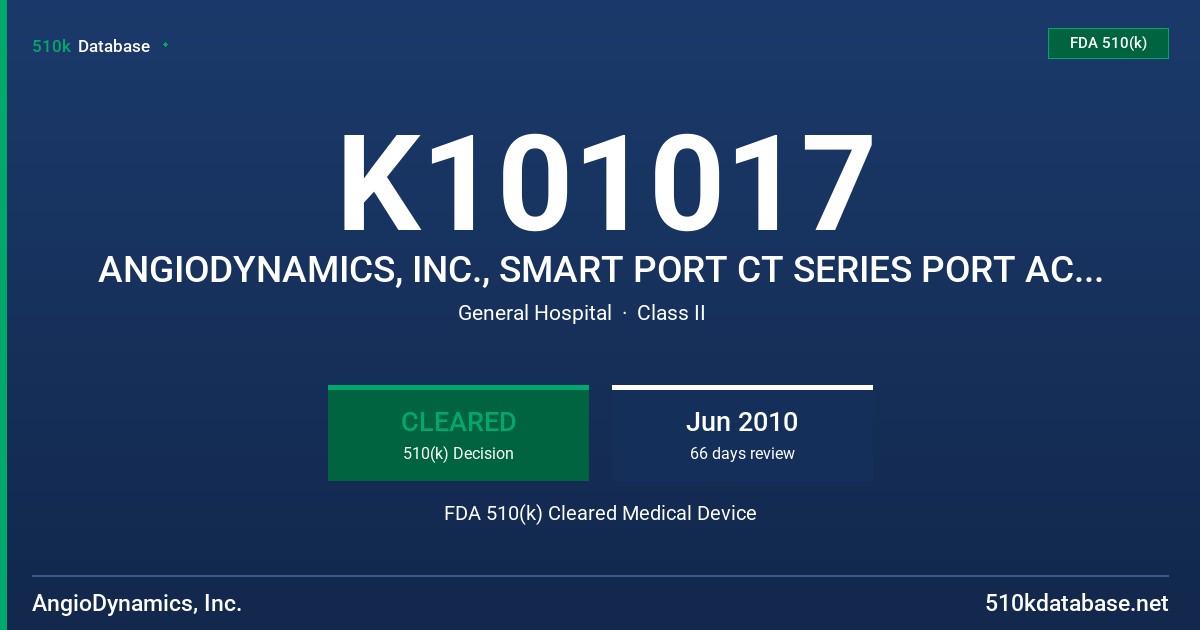 K101017 ANGIODYNAMICS, INC., SMART PORT CT SERIES PORT ACCESS SYSTEMS FDA 510(k) Cleared Medical Device