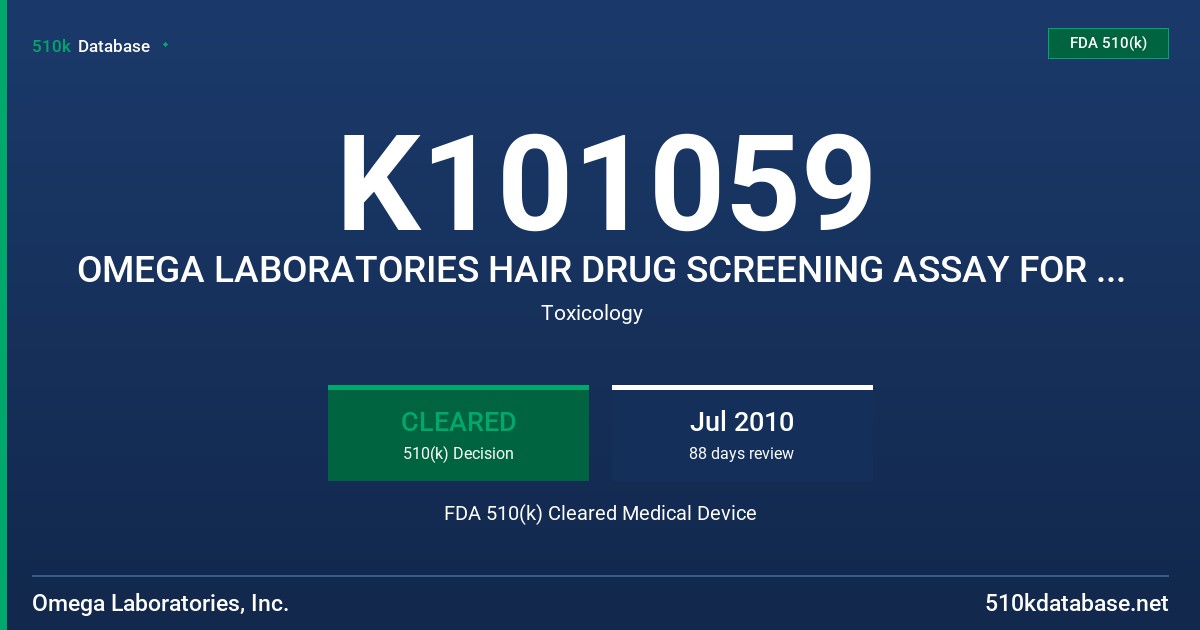 K101059 OMEGA LABORATORIES HAIR DRUG SCREENING ASSAY FOR PHENCYCLIDINE FDA 510(k) Cleared Medical Device