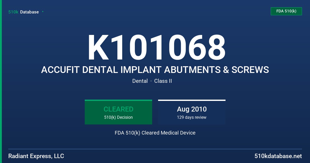 K101068 ACCUFIT DENTAL IMPLANT ABUTMENTS & SCREWS FDA 510(k) Cleared Medical Device