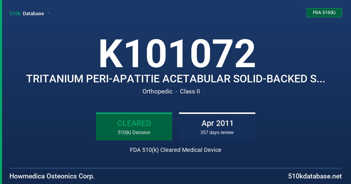 K101072 TRITANIUM PERI-APATITIE ACETABULAR SOLID-BACKED SHELL, TRITANIUM PERI-APATITE FDA 510(k) Cleared Medical Device