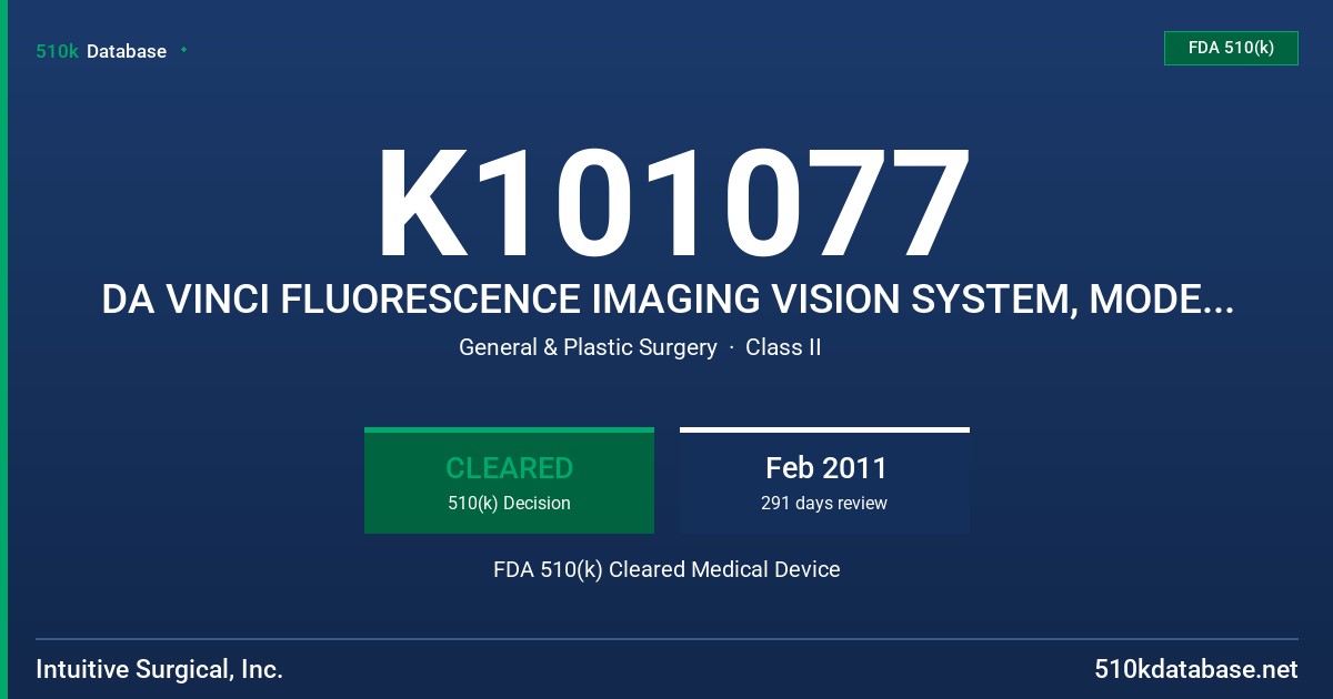 K101077 DA VINCI FLUORESCENCE IMAGING VISION SYSTEM, MODEL FF 100 FDA 510(k) Cleared Medical Device