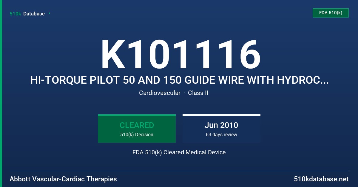 K101116 HI-TORQUE PILOT 50 AND 150 GUIDE WIRE WITH HYDROCOAT HYDROPHILIC COATING, HI-TORQUE WHISPER LS AND MS GUIDE WIRE WITH FDA 510(k) Cleared Medical Device