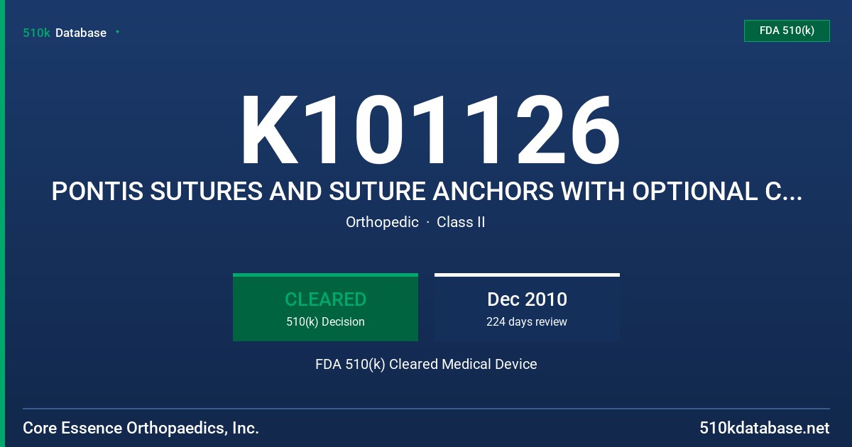 K101126 PONTIS SUTURES AND SUTURE ANCHORS WITH OPTIONAL CRIMPS FDA 510(k) Cleared Medical Device