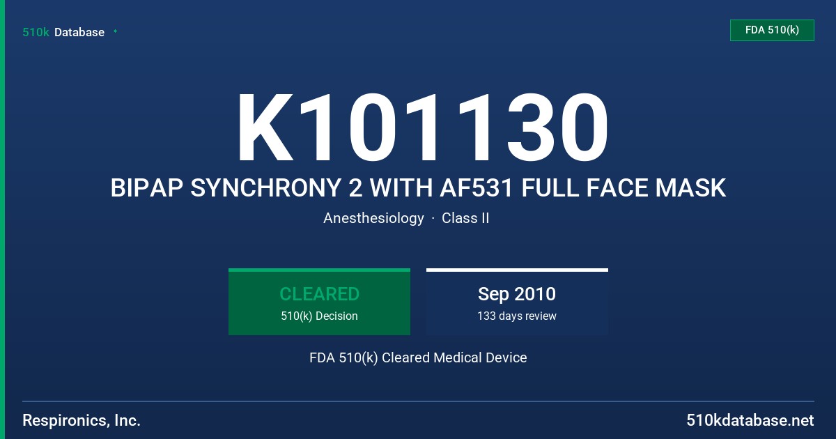 K101130 BIPAP SYNCHRONY 2 WITH AF531 FULL FACE MASK FDA 510(k) Cleared Medical Device
