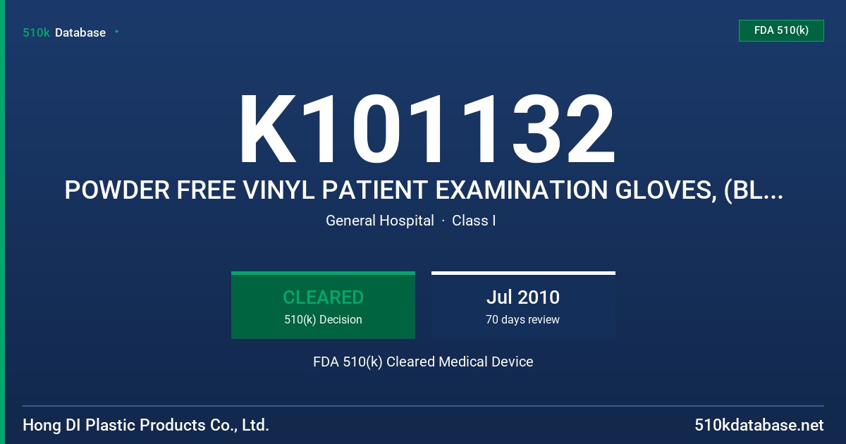 K101132 POWDER FREE VINYL PATIENT EXAMINATION GLOVES, (BLUE, WHITE, PINK) FDA 510(k) Cleared Medical Device