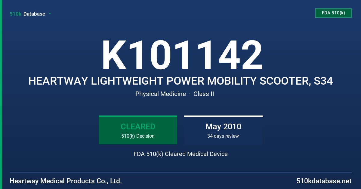 K101142 HEARTWAY LIGHTWEIGHT POWER MOBILITY SCOOTER, S34 FDA 510(k) Cleared Medical Device