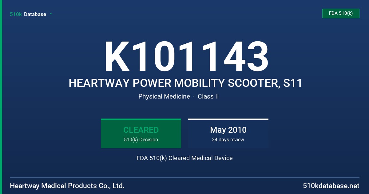 K101143 HEARTWAY POWER MOBILITY SCOOTER, S11 FDA 510(k) Cleared Medical Device