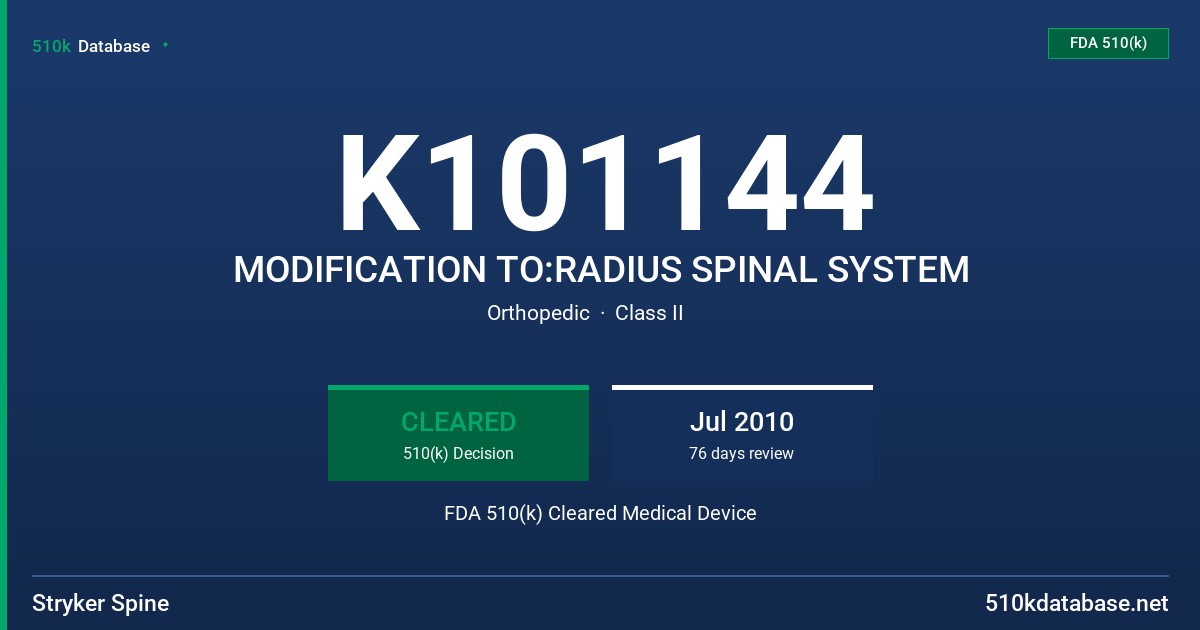 K101144 MODIFICATION TO:RADIUS SPINAL SYSTEM FDA 510(k) Cleared Medical Device