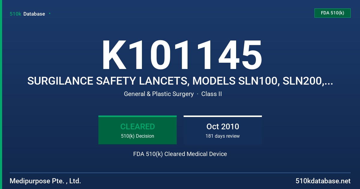 K101145 SURGILANCE SAFETY LANCETS, MODELS SLN100, SLN200, SLN240, SLN300, SLB200, SLB250 FDA 510(k) Cleared Medical Device