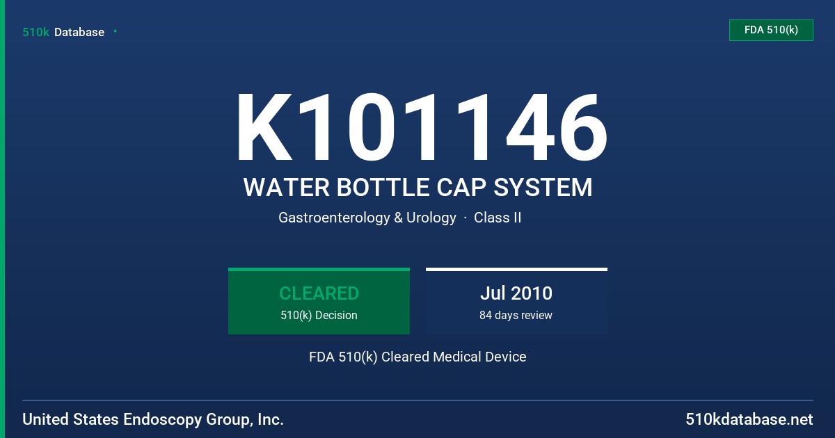 K101146 WATER BOTTLE CAP SYSTEM FDA 510(k) Cleared Medical Device