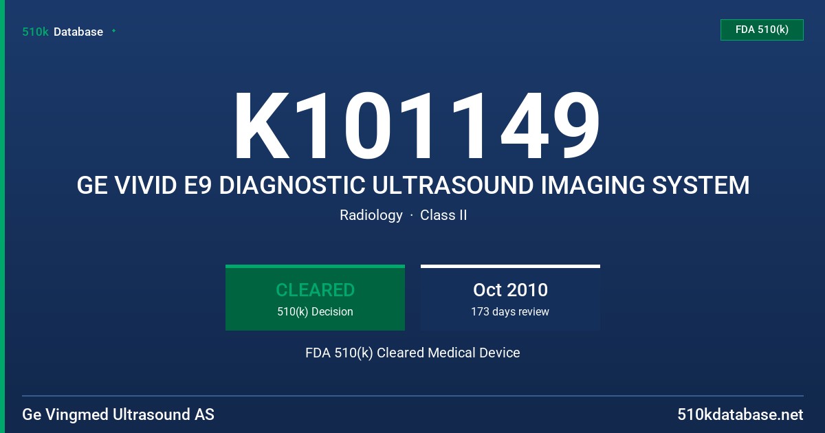 K101149 GE VIVID E9 DIAGNOSTIC ULTRASOUND IMAGING SYSTEM FDA 510(k) Cleared Medical Device
