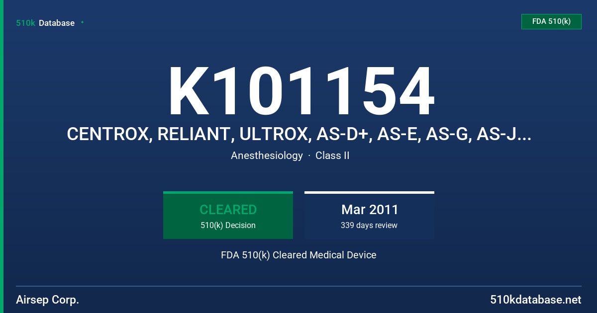 K101154 CENTROX, RELIANT, ULTROX, AS-D+, AS-E, AS-G, AS-J, AS-K AND AS-L FDA 510(k) Cleared Medical Device