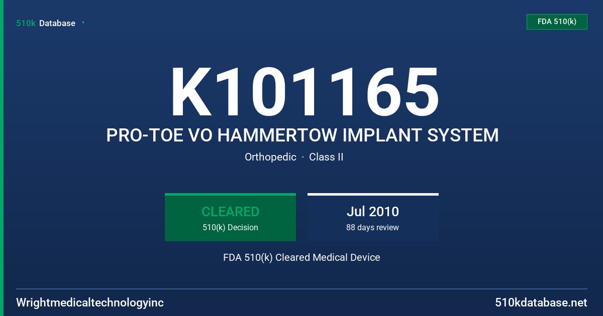 K101165 PRO-TOE VO HAMMERTOW IMPLANT SYSTEM FDA 510(k) Cleared Medical Device