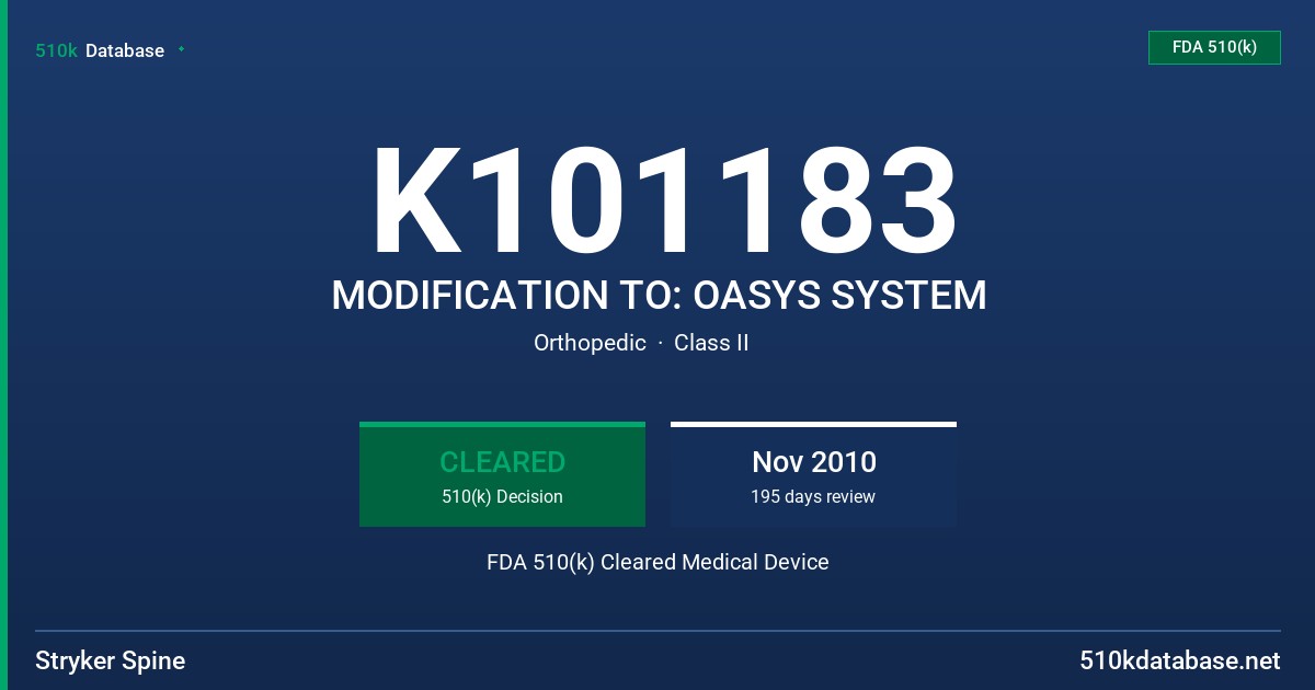 K101183 MODIFICATION TO: OASYS SYSTEM FDA 510(k) Cleared Medical Device