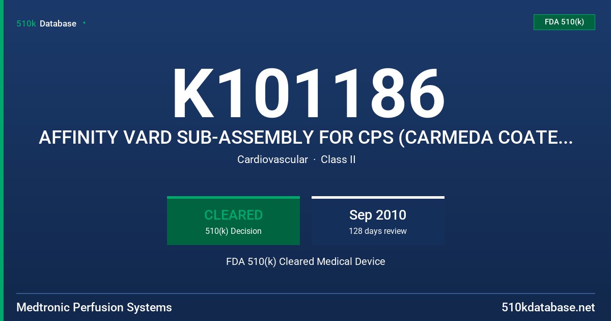 K101186 AFFINITY VARD SUB-ASSEMBLY FOR CPS (CARMEDA COATED), PURGELINE (UNCOATED), HOLDING BAG FDA 510(k) Cleared Medical Device
