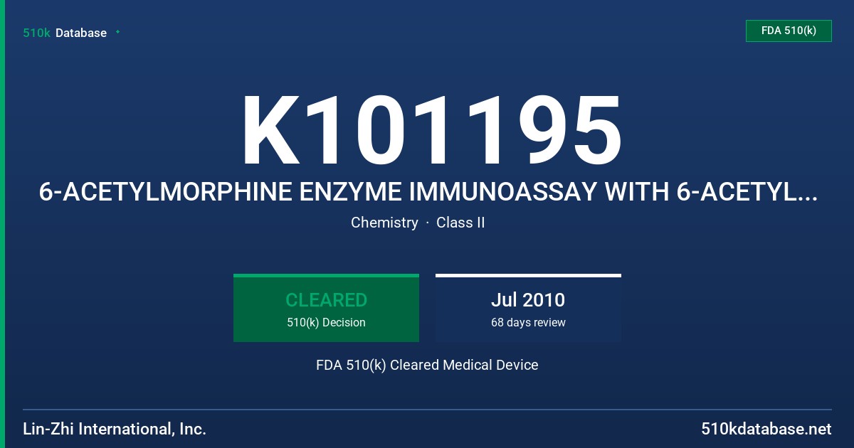 K101195 6-ACETYLMORPHINE ENZYME IMMUNOASSAY WITH 6-ACETYLMORPHINE CALIBRATORS AND CONTROLS FDA 510(k) Cleared Medical Device