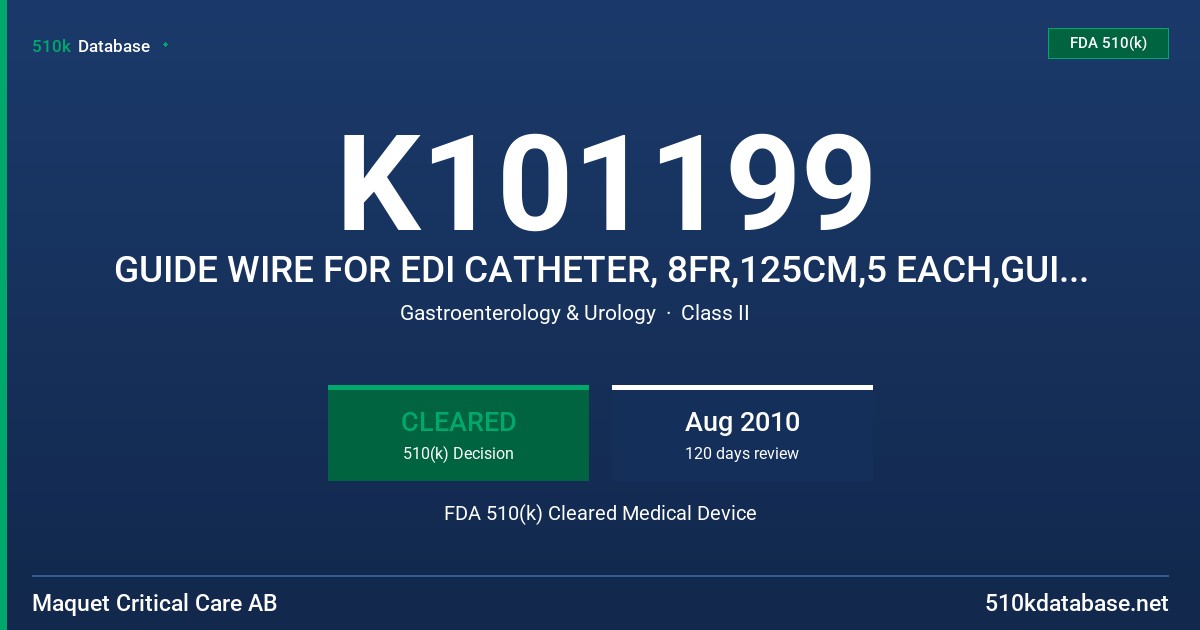 K101199 GUIDE WIRE FOR EDI CATHETER, 8FR,125CM,5 EACH,GUIDE WIRE FOR EDI CATHETER, 8FR,125CM,5 EACH,GUIDE WIRE FOR EDI CATHETER, FDA 510(k) Cleared Medical Device