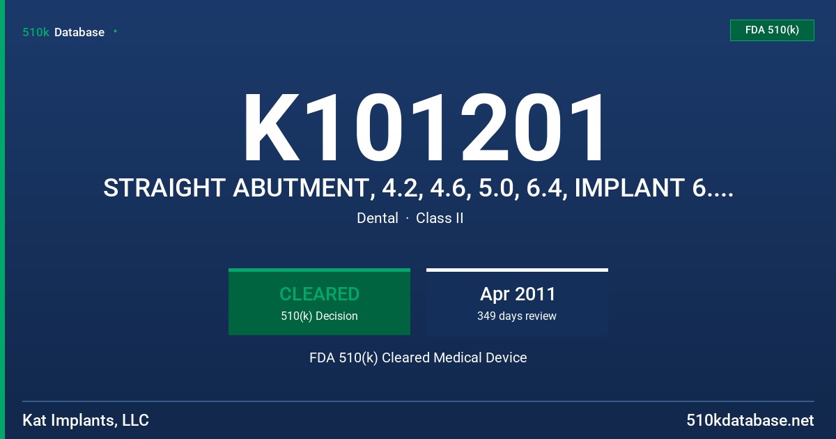 K101201 STRAIGHT ABUTMENT, 4.2, 4.6, 5.0, 6.4, IMPLANT 6.0, IMPLANT 7.0, IMPLANT 8.0 MODEL: 002061, 002062, 002063, 002064, FDA 510(k) Cleared Medical Device