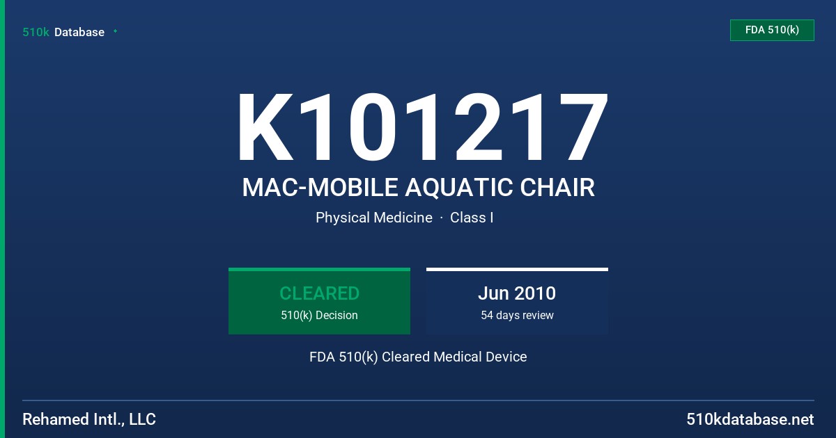 K101217 MAC-MOBILE AQUATIC CHAIR FDA 510(k) Cleared Medical Device