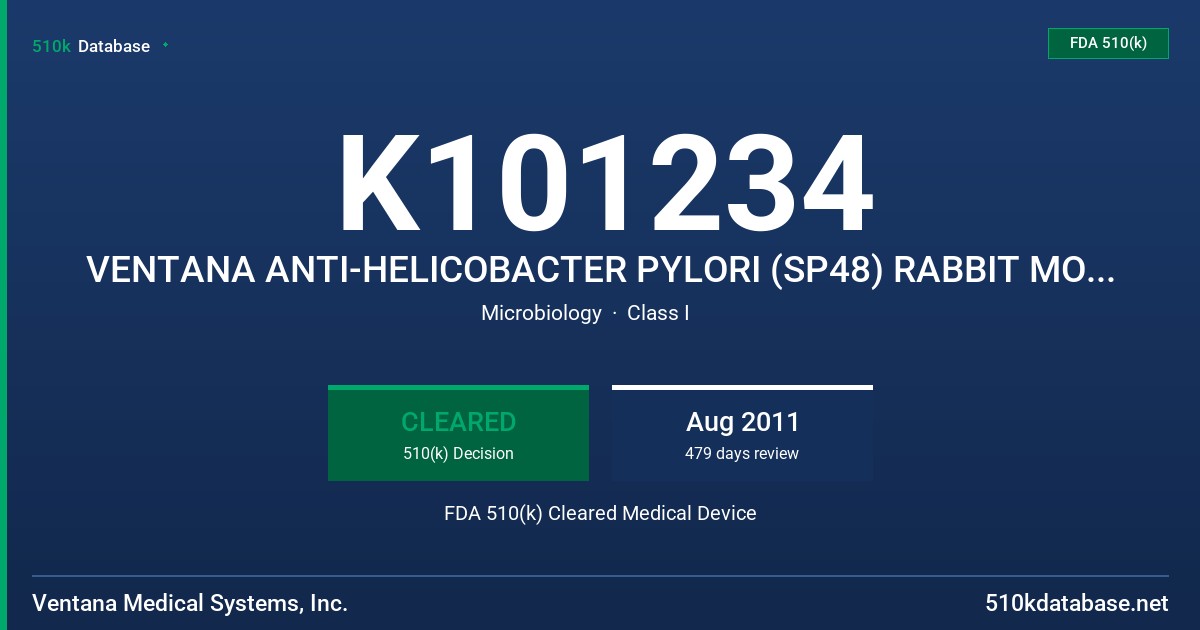 K101234 VENTANA ANTI-HELICOBACTER PYLORI (SP48) RABBIT MONOCLONAL PRIMARY ANTIBODY FDA 510(k) Cleared Medical Device
