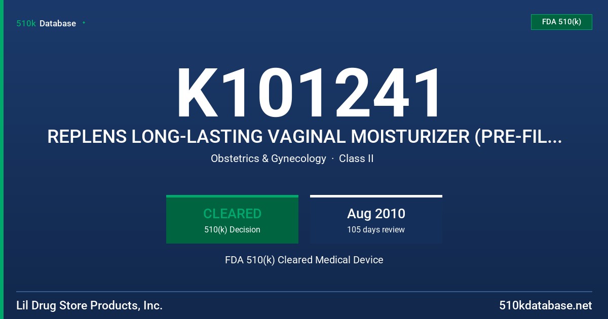 K101241 REPLENS LONG-LASTING VAGINAL MOISTURIZER (PRE-FILLED APPLICATOR) FDA 510(k) Cleared Medical Device