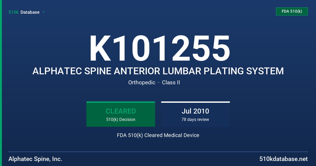 K101255 ALPHATEC SPINE ANTERIOR LUMBAR PLATING SYSTEM FDA 510(k) Cleared Medical Device