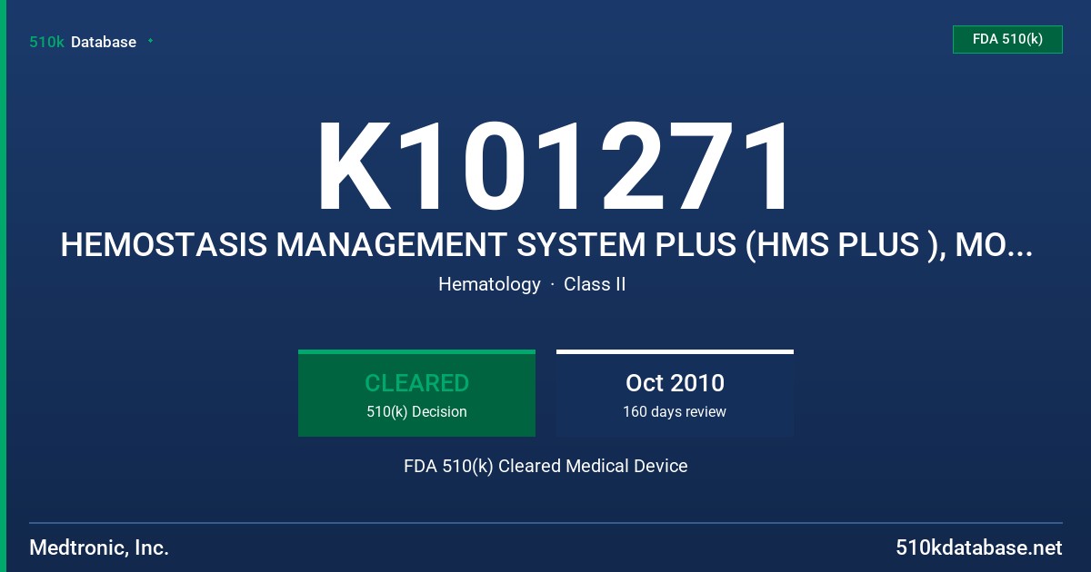 K101271 HEMOSTASIS MANAGEMENT SYSTEM PLUS (HMS PLUS ), MODEL 305 XX FDA 510(k) Cleared Medical Device