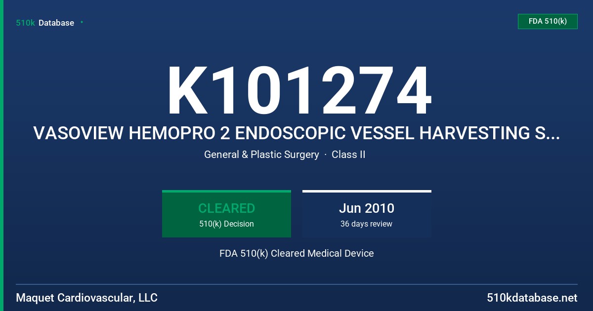 K101274 VASOVIEW HEMOPRO 2 ENDOSCOPIC VESSEL HARVESTING SYSTEM FDA 510(k) Cleared Medical Device